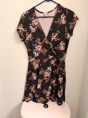 Black floral wrap dress